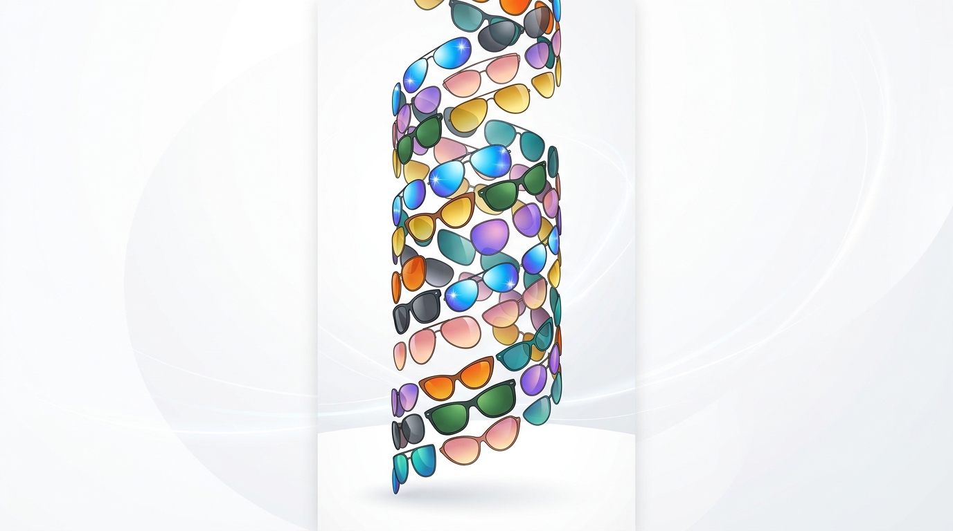 A cascading cylinder of colorful sunglasses illustrating the custom lens possibilities